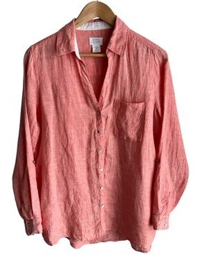 Sigrid Olsen 100% Linen Button Down Shirt Sz S Peach Breezy Coastal Top Blouse